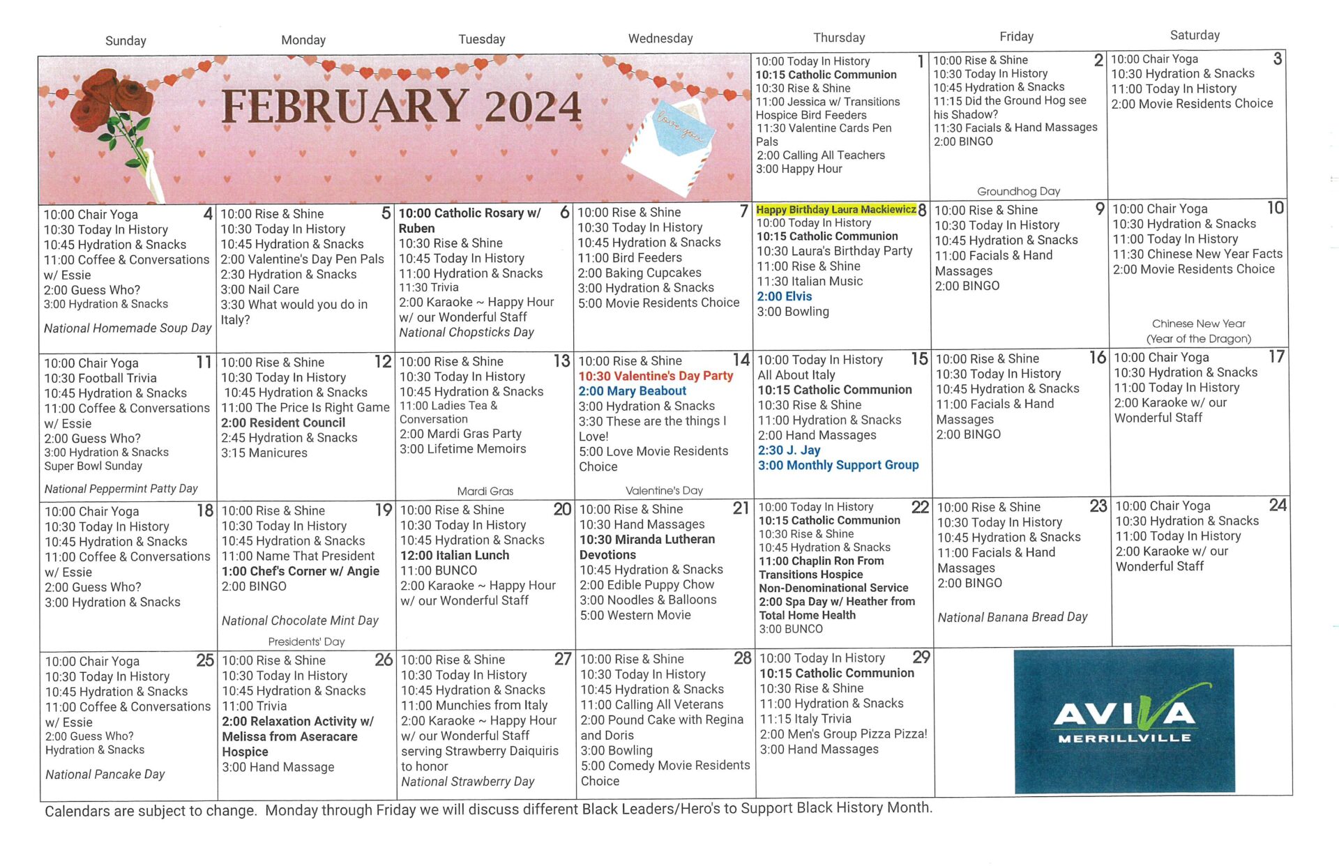 Aviva Merrillville February 2024 Event Calendar