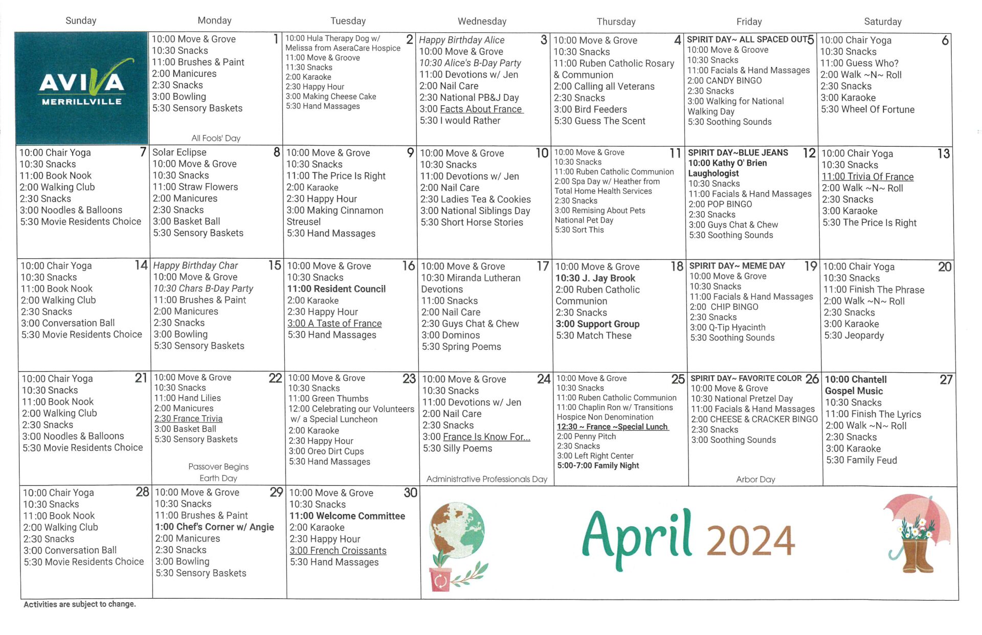 Aviva Merrillville April 2024 Event Calendar